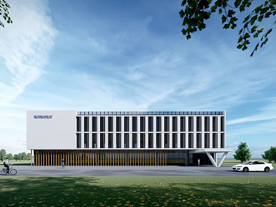 Modern Office Building With Glass Windows White Exterior And Landscaped Surroundings 3d model
