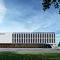 Modern Office Building With Glass Windows White Exterior And Landscaped Surroundings