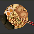 Delicious Ramen In Red Patterned Bowl With Noodles Eggs Meat And Vegetables