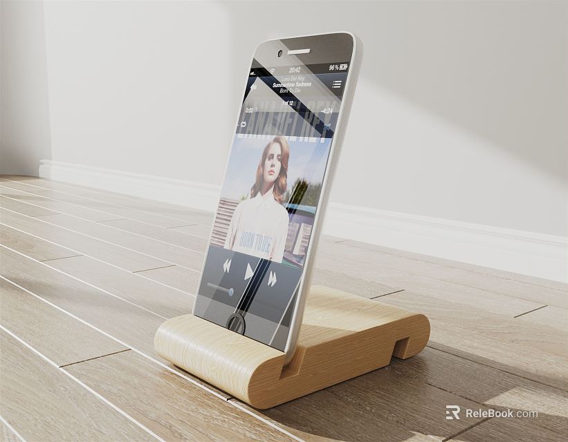 Modern Iron Phone Stand Holding Mobile Phone With Screen Showing Woman And Building Interior 3d model 