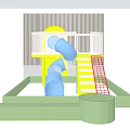 Colorful Playground Equipment With Blue Slide Yellow Stairs Red Climbing Net And Green Base