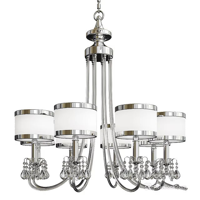 Modern Chrome Chandelier With White Cylindrical Shades And Hanging Crystal Pendants 3d model 