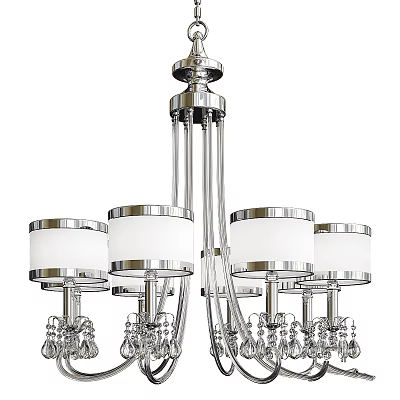 Modern Chrome Chandelier With White Cylindrical Shades And Hanging Crystal Pendants 3d model