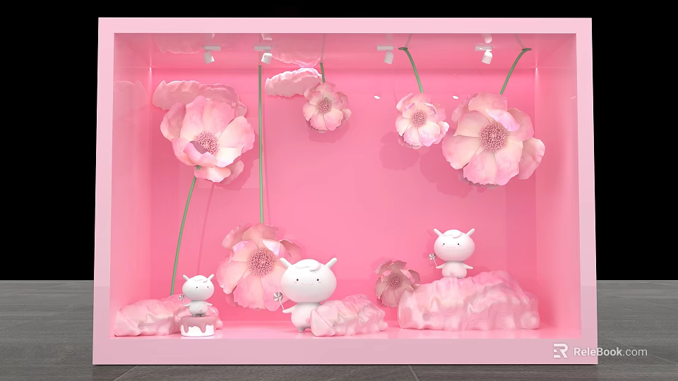 Pink Shop Window Display With Large Pink Flowers And White Cute Animal Figurines 3d model 