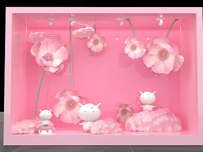 Pink Shop Window Display With Large Pink Flowers And White Cute Animal Figurines 3d model