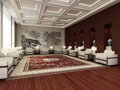 Elegant Hotel Public Lounge With Chinese Landscape Painting White Sofas Wooden Walls Flooring And Carpet 3d model