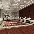 Elegant Hotel Public Lounge With Chinese Landscape Painting White Sofas Wooden Walls Flooring And Carpet