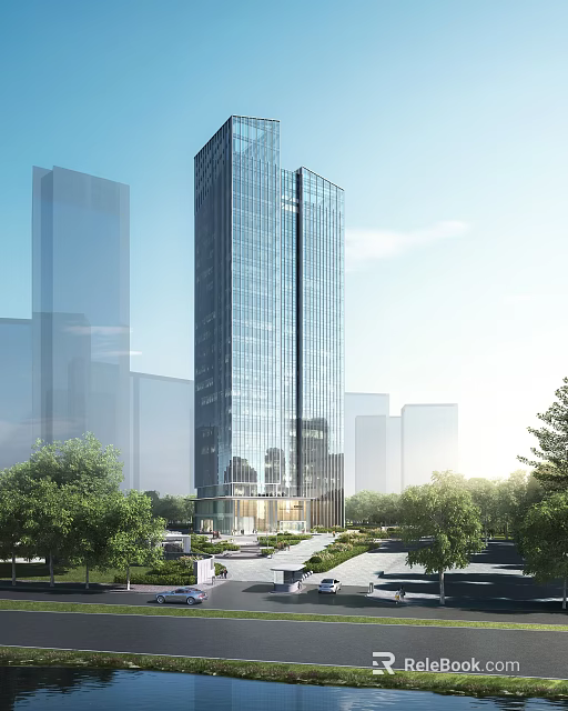 Modern Glass Curtain Wall Office Building In Urban Landscape With Greenery And Natural Light 3d model 
