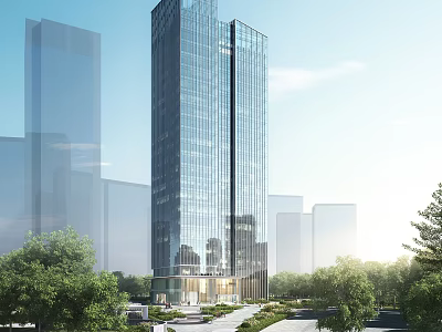 Modern Glass Curtain Wall Office Building In Urban Landscape With Greenery And Natural Light 3d model