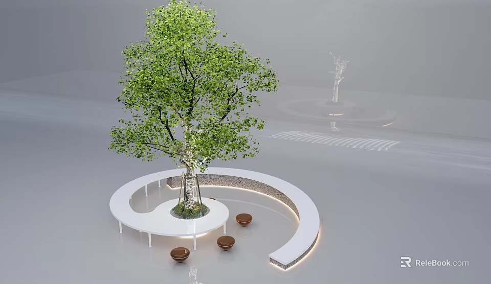 Brown Outdoor Chairs On White Curved Platform Around Green Tree With Gray Ground 3d model 