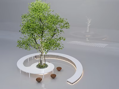 Brown Outdoor Chairs On White Curved Platform Around Green Tree With Gray Ground 3d model