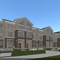 Modern Townhouse Exterior Design With Brick And Beige Facade Green Lawns And Trees