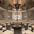 Modern Restaurant Interior With White Seats Counter Menu Board And Decorative Plant