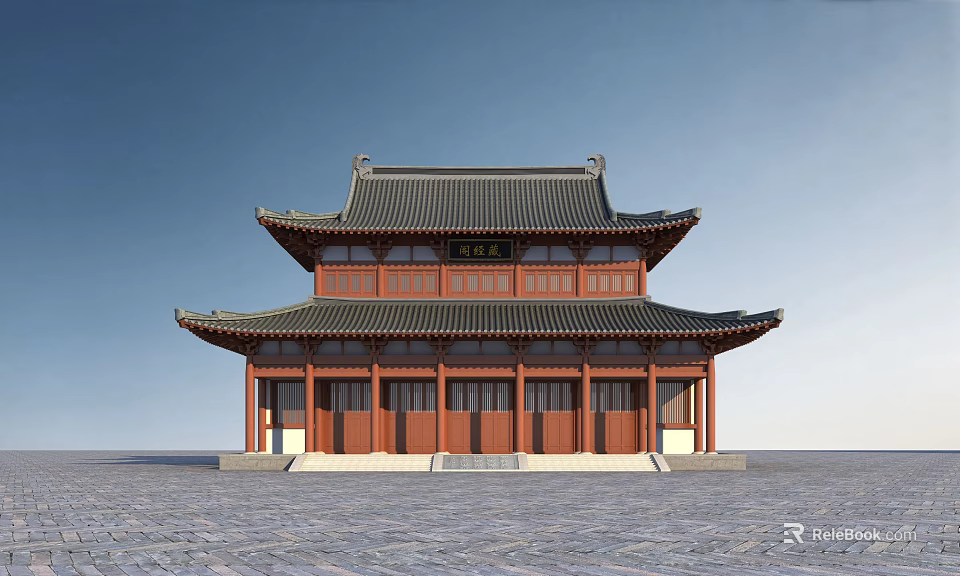 Traditional Chinese Ancient Building With Double Story Red Wooden Structure And Curved Eaves 3d model 