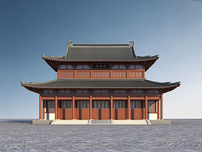 Traditional Chinese Ancient Building With Double Story Red Wooden Structure And Curved Eaves 3d model