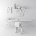Glass Desk With Blue Chair Green Letter N And Shelf On White Brick Wall