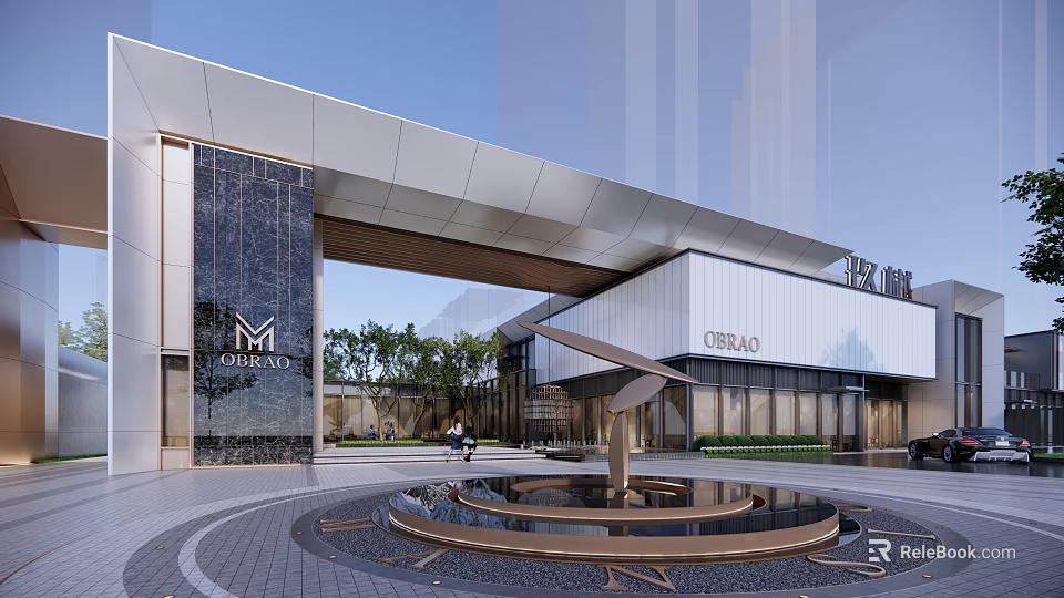 Modern Sales Office Building With Glass Facade Metal Accents Front Fountain And Green Plants 3d model 