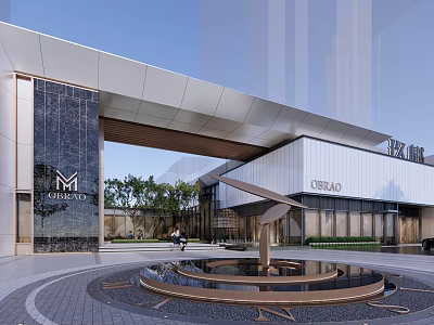 Modern Sales Office Building With Glass Facade Metal Accents Front Fountain And Green Plants 3d model