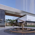 Modern Sales Office Building With Glass Facade Metal Accents Front Fountain And Green Plants