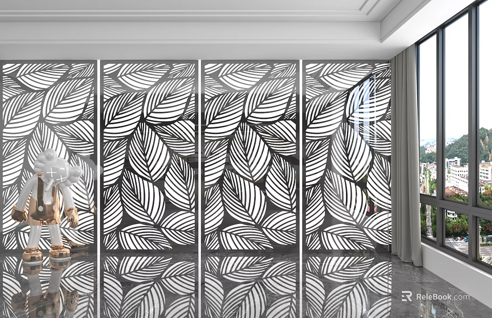 Modern Interior With Leaf Pattern Laser Cut Wall Panels Bright Reflective Floor Window View 3d model 