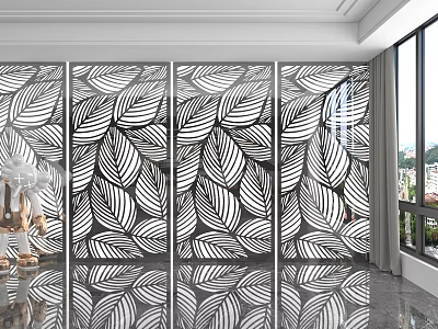 Modern Interior With Leaf Pattern Laser Cut Wall Panels Bright Reflective Floor Window View 3d model