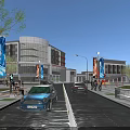 Modern Commercial Complex With Glass Facade On Street Featuring Cars Pedestrians Lamps And Banner Ads