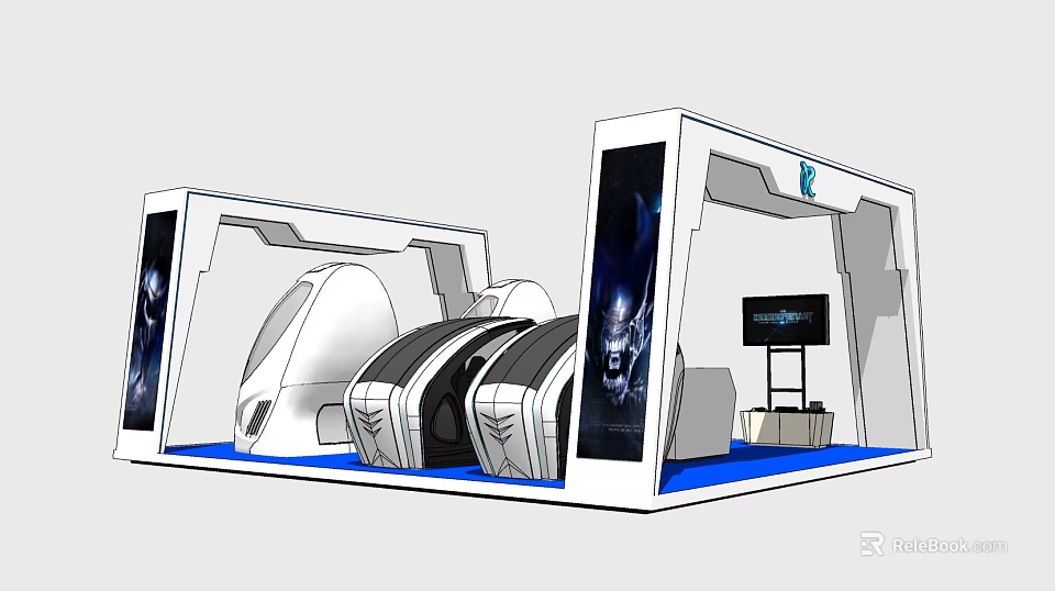 Smart Machines Exhibition Booth With Modern Display Screens And Seating Equipment 3d model 