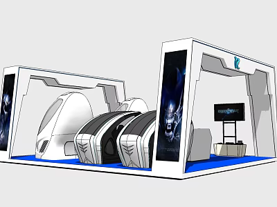 Smart Machines Exhibition Booth With Modern Display Screens And Seating Equipment 3d model