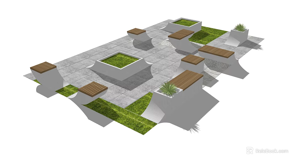Residential Landscape Design With Gray Paving Square Planters Green Grass And Wooden Benches 3d model 