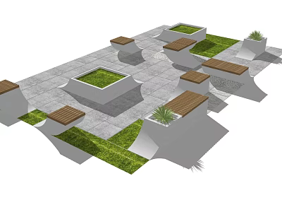 Residential Landscape Design With Gray Paving Square Planters Green Grass And Wooden Benches 3d model