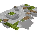 Residential Landscape Design With Gray Paving Square Planters Green Grass And Wooden Benches