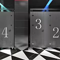 Public Restroom With White Urinals Colorful Striped Walls Paintings And Black White Geometric Floor Tiles