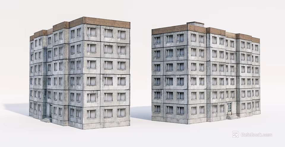 Two Side by Side Multi Story Apartment Buildings With Gray Exterior And Multiple Windows 3d model 