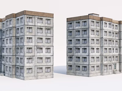 Two Side by Side Multi Story Apartment Buildings With Gray Exterior And Multiple Windows 3d model