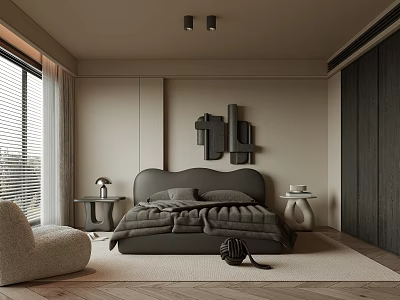 Modern Bedroom Interior With Gray Bed Curved Headboard Abstract Wall Art And Accent Chair 3d model