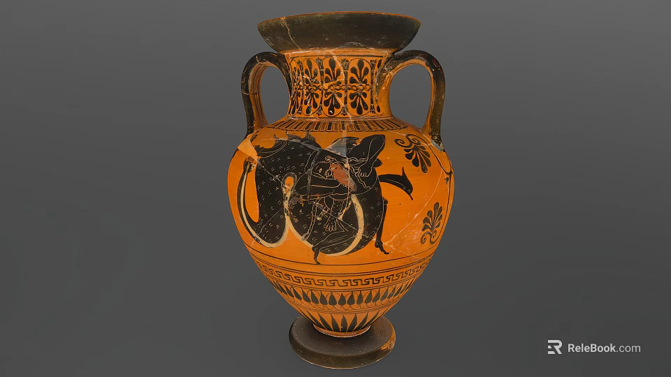 Ancient Style Two Handled Ceramic Vessel With Orange And Black Decorative Painted Patterns 3d model 
