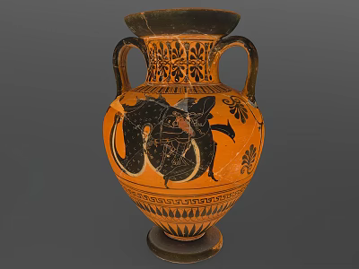 Ancient Style Two Handled Ceramic Vessel With Orange And Black Decorative Painted Patterns 3d model