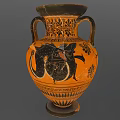 Ancient Style Two Handled Ceramic Vessel With Orange And Black Decorative Painted Patterns