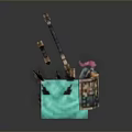 Minecraft Game Character With Sword On Turquoise Block Structure And Tools