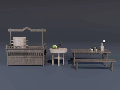 Rustic Wooden Furniture Collection With Shelf Unit Round Table And Bench 3d model