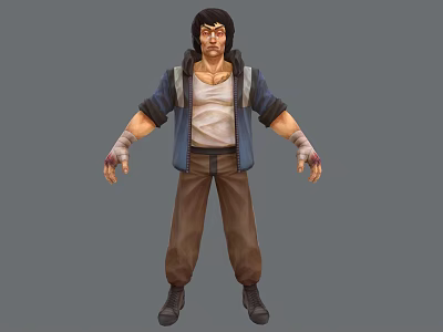 Man In Detailed 3D Character Design With White Tank Top Blue Jacket Brown Pants Black Shoes 3d model