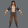 Man In Detailed 3D Character Design With White Tank Top Blue Jacket Brown Pants Black Shoes