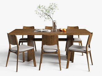 New Chinese Dining Table and Chair Set Log Dining Table Round Dining Table Dining Chair Green Planting 3d model