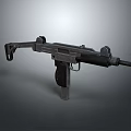 Vintage Submachine Gun With Metal Body Wooden Grip And Black Barrel Isolated On Gray Background