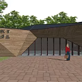 Modern Wooden Pavilion With Black Roof Green Trees And Brick Paved Ground