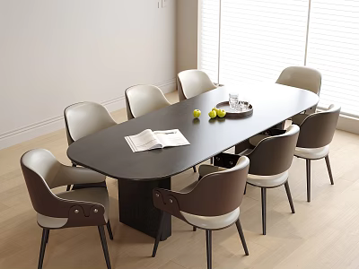 Modern Oval Dining Table Set With Mixed Color Chairs And Fruit In Bright Room Interior 3d model