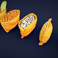 Five Yellow Pod Containers Filled With Various Beans And Green Leaf On Left