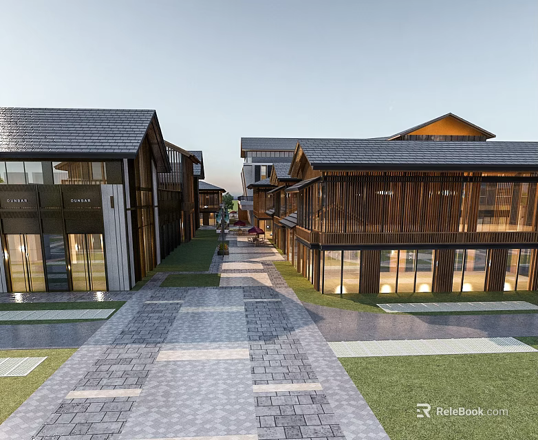 Modern Commercial Street Featuring Wooden Facades Stone Pavement Green Lawns And Storefronts 3d model 