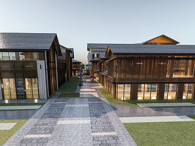 Modern Commercial Street Featuring Wooden Facades Stone Pavement Green Lawns And Storefronts 3d model