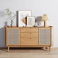 Modern Entryway Cabinet Sideboard With Rattan Doors Drawers Potted Plant And Framed Art